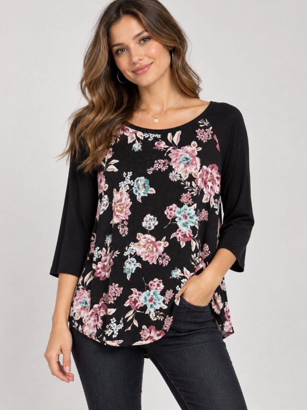 Le Lis Black Floral Print 3/4 Sleeve Blouse Women's Boutique Top